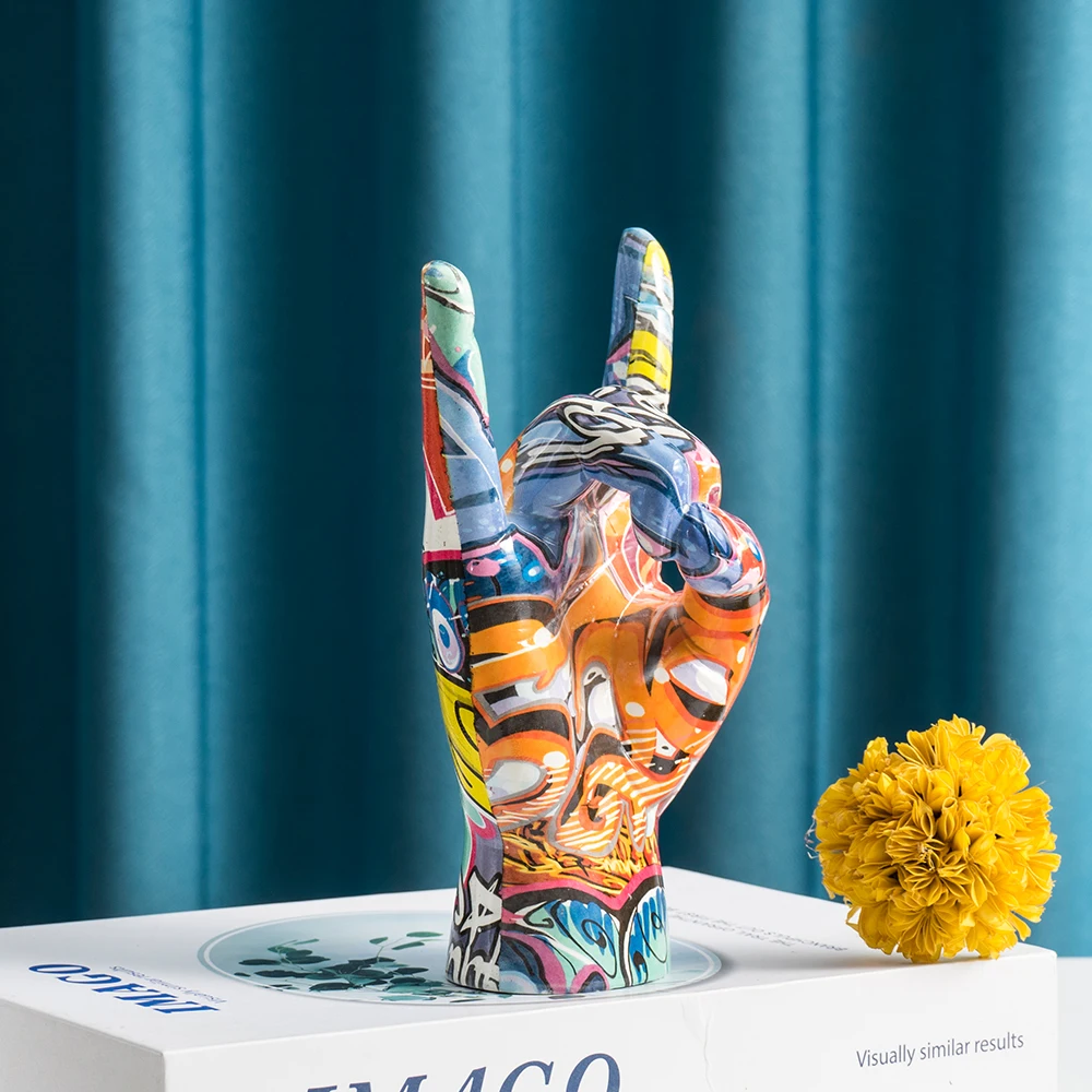 Graffiti Rock On Hand Statue Modell Gestenfiguren 20cm Musikband-Zimmer Bücherregale Desktop Wohnzimmer Dekor Moderne Kunst Pop – Detail 2