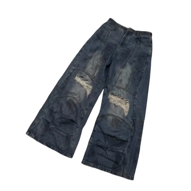 2026 Y2K Grunge Vintage Blaue Baggy Plissierte Zerrissene Gestapelte Jeans Herrenbekleidung Distressed Denim Hosen Pantalon Homme – Detail 4