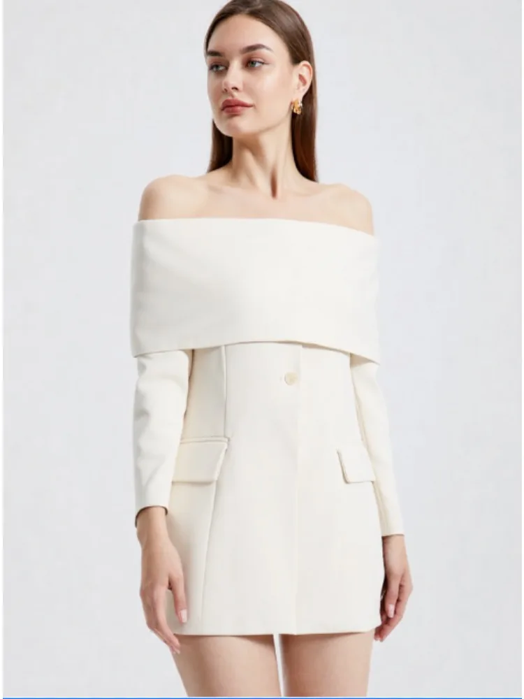 

Design Sense Solid Color Splicing Suit 2025 New One Shoulder Long Sleeved Off Shoulder Sexy Versatile Pocket Jacket