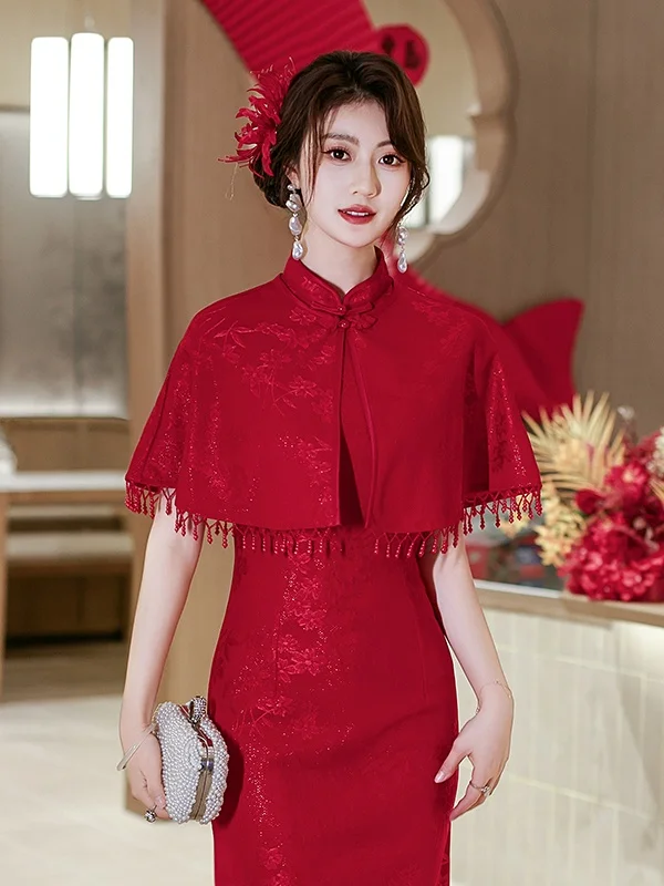 

New Chinese Style Wedding Dress Two-Piece Gown with Shawl National Trend Daily Ceremony Vintage Long-Qipao Design