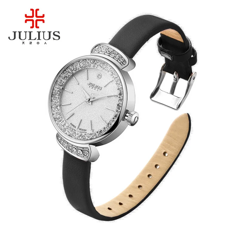 Rhinestones Women\'s Watch Japan Quartz Hour Fine Fashion Bracelet Luxury Real Leather Clock Girl\'s Birthday Gift Julius No Box