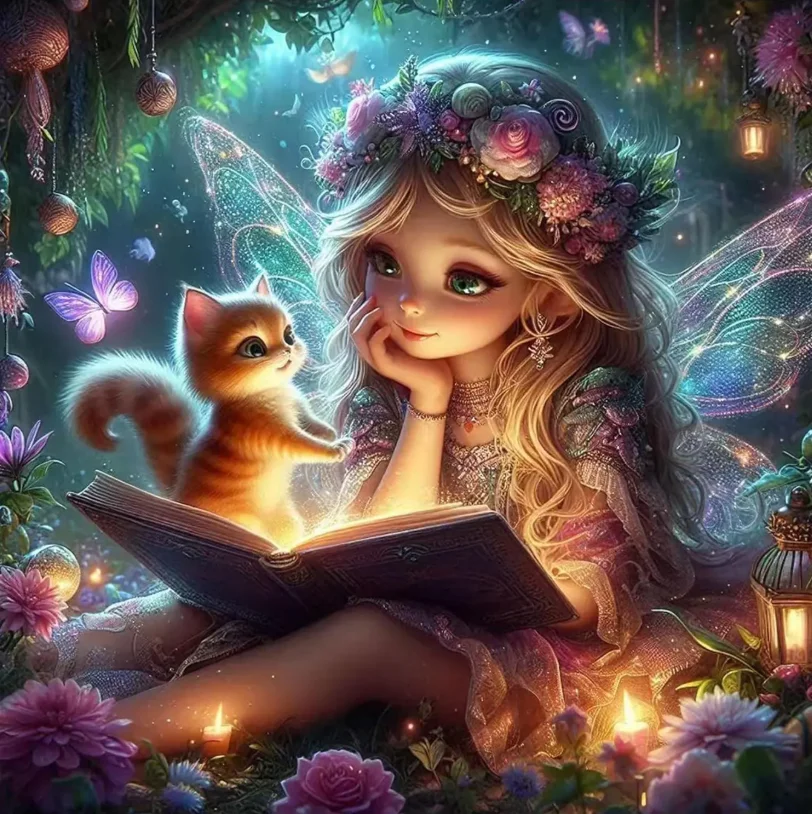 DIY Sparkle Fairy Kitten Diamond Painting, Shimmer Magic Forest Art For Living Room Wall Decoration Exquisite Gift