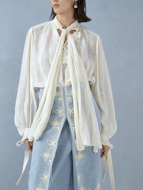 

French Style Loose Cotton Shirt with Sash Lantern Sleeve Single Button Slimming Top for Women Daily Wear Breathable Summer Shirt