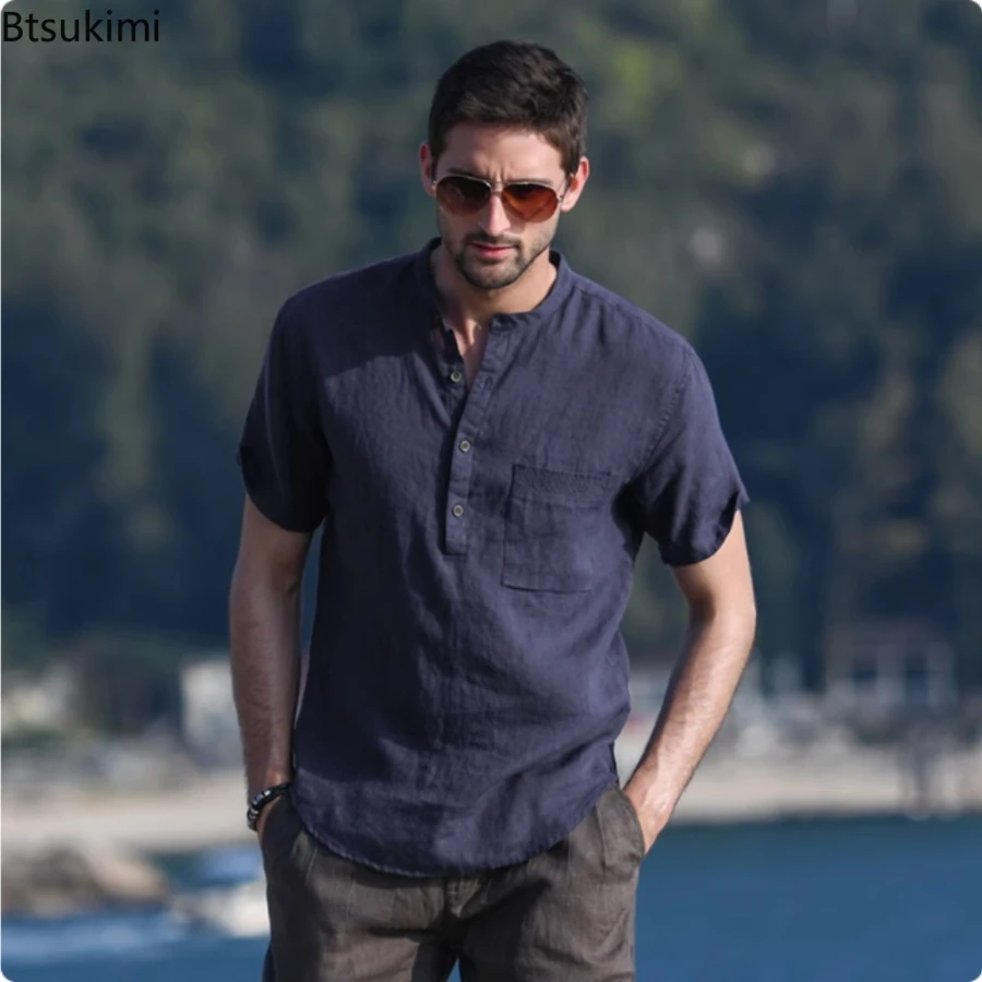 

2025 мужские летние повседневные рубашки с коротким рукавом, однотонная хлопково-льняная блузка на пуговицах, топ, мужские модные рубашки, футболки, рубашки Blusas