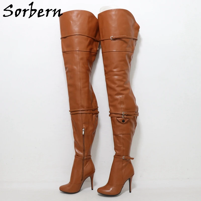 Sorbern 90Cm Super Long Boots Women Genuine Leather Round Toe Burlesque Crotch Thigh High Heel Shoes Stilettos With Pocket