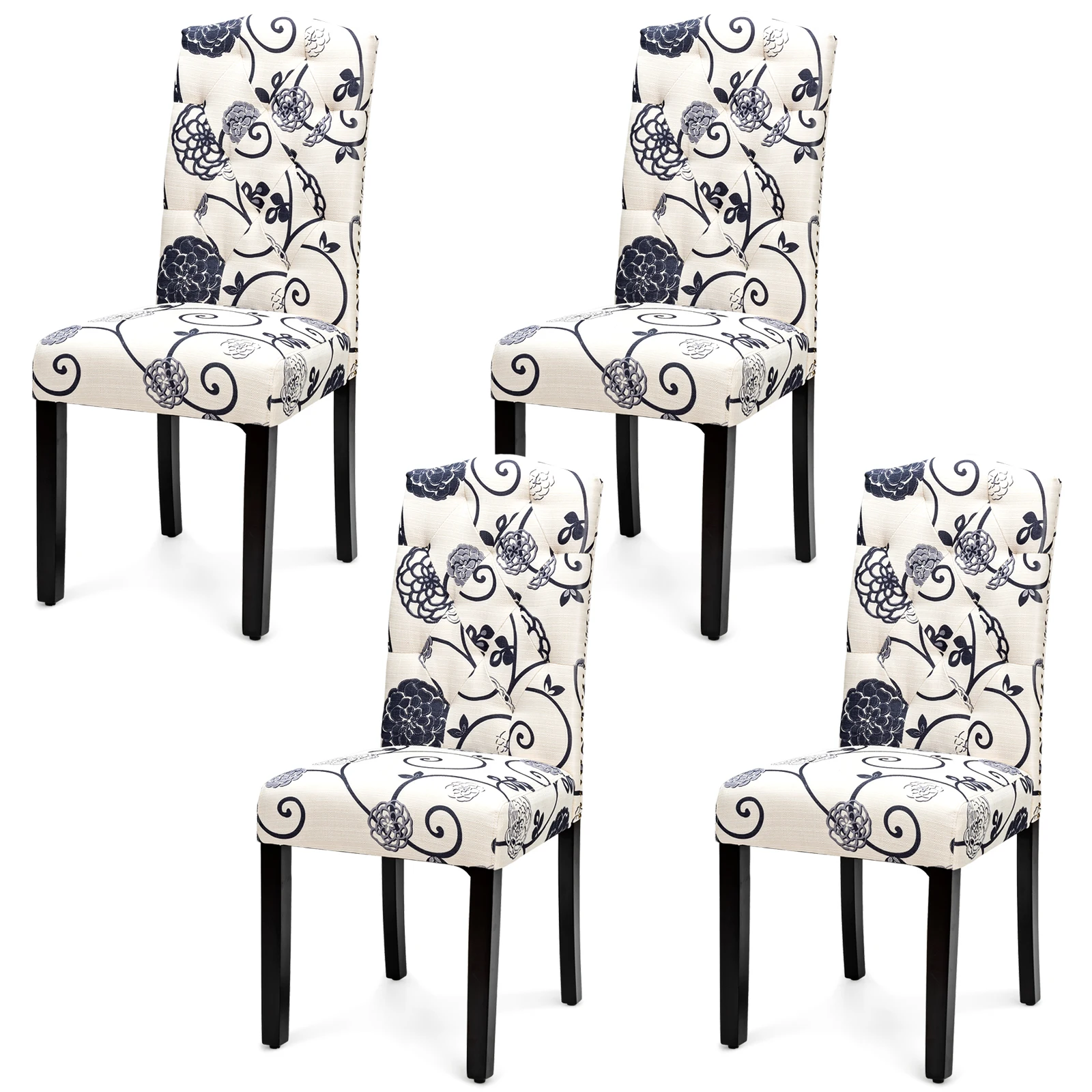 Set of 4 Tufted Dining Chair Upholstered Nailhead Trim Rubber Wooden Leg