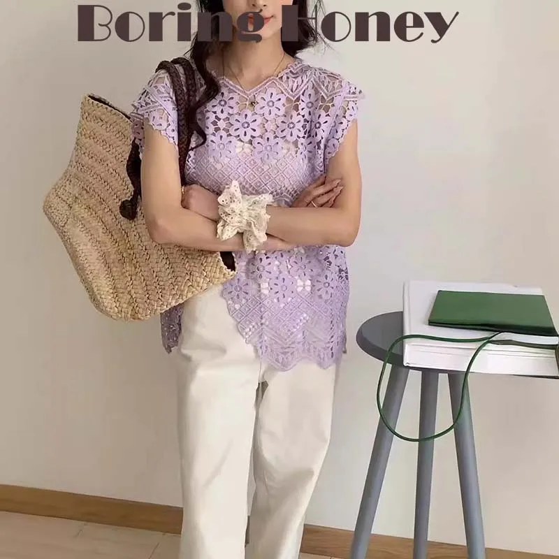 Boring Honey Summer New Hollow Out Irregular Vest Lace Fashionable Stacked Sleeveless Vest Top Lace Flower All-Match Top Women