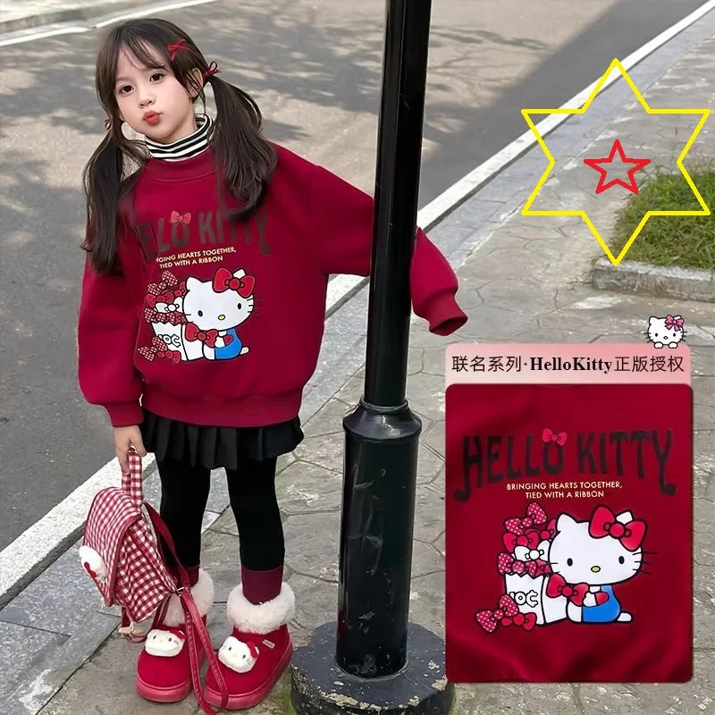 Hello Kitty Girls Sweatshirt Thickened and Warm Winter New Red Cartoon Children's Clothing Sweet, Cute, Loose and Good Looking