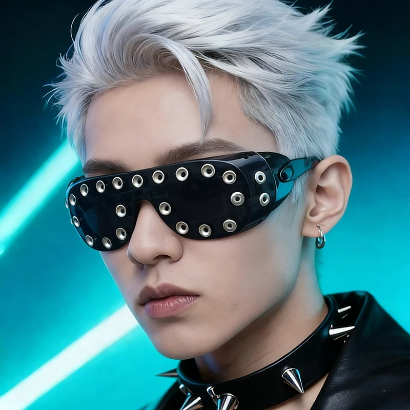 

Futuristic Y2K Gothic Cyberpunk Sunglasses Metal Rivets One-Piece Goggles Men Women Rave & Festival Streetwear Party Eyewears