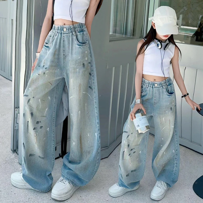 Girl's 2024 Summer New Speckled Ink Handdrawn Jeans Big Boy Graffiti Curved Knife Pants Long Pants Casual Pants Trend