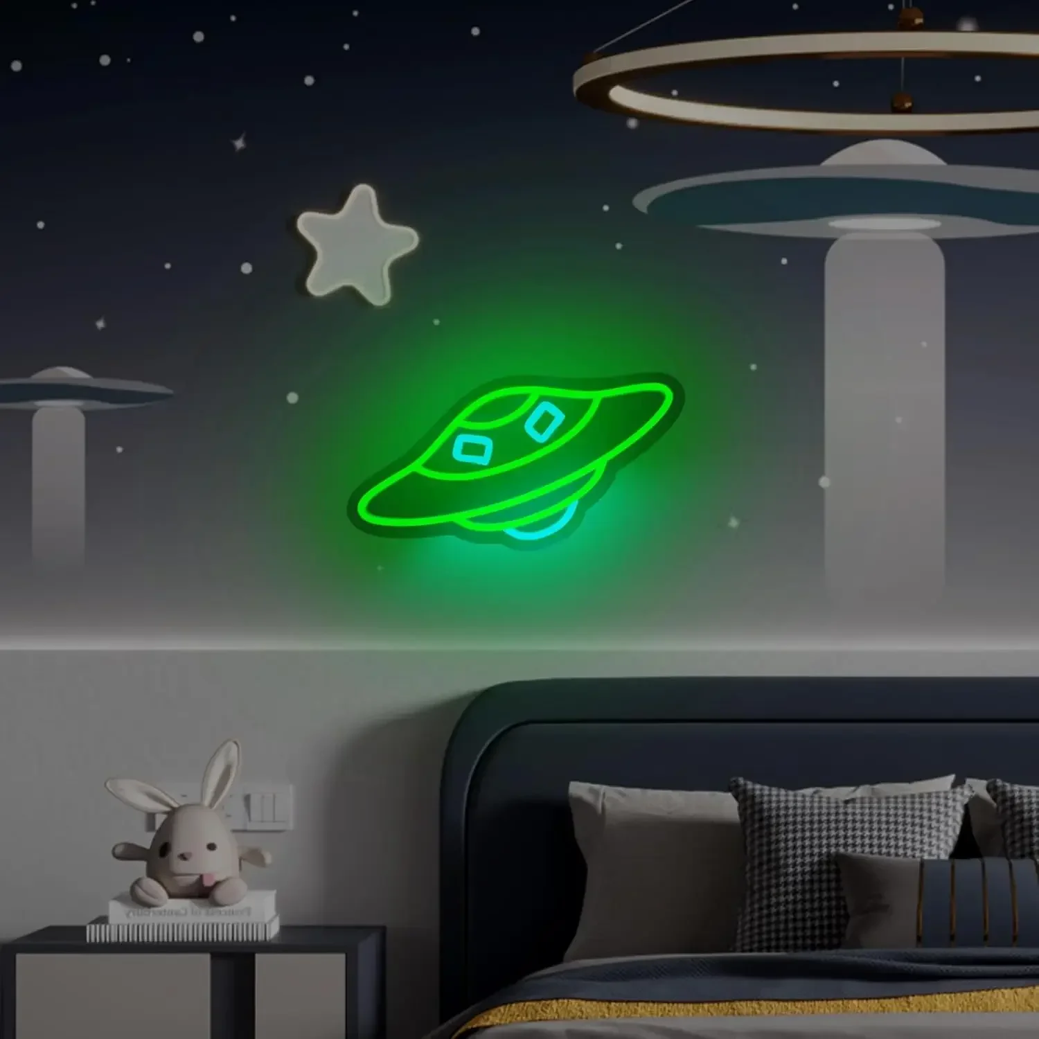 Smiley Face Neon Sign Green Blue LED Wall Art Hanging Glow USB Powered Dimmable Acrylic Lamp Living Room Party Decor