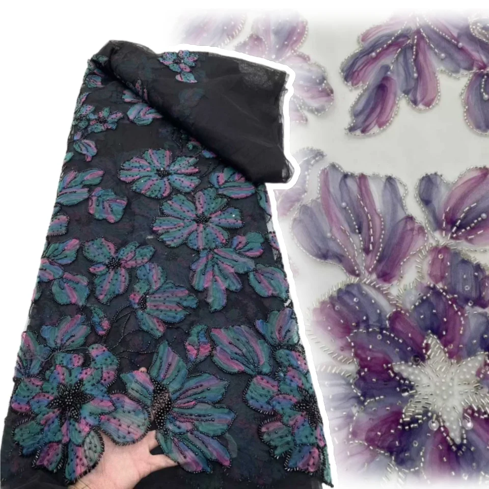 

2025 Luxury Elegant Handmade Embroidery Sequins Beaded Lace High Quality African Sequins Lace Fabric for Wedding Sewing AH1110