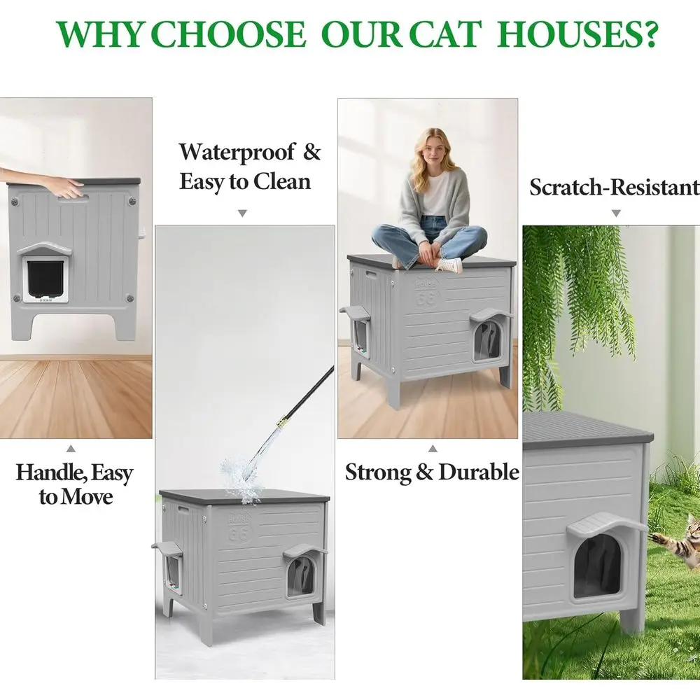 بيت قطط بلاستيكي مقاوم للماء في الهواء الطلق مع باب هروب للاستخدام الداخلي والخارجي، مناسب للقطط الحديدية والحيوانات الأليفة والحيوانات الصغيرة