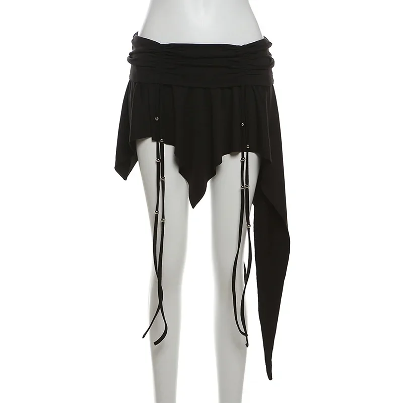 

2025 New Retro Dark Gothic Dropped Waist Drawstring E-girl Techwear Mini Skirt Punk Y2K Grunge Women Irregular Hem A-line Skirts