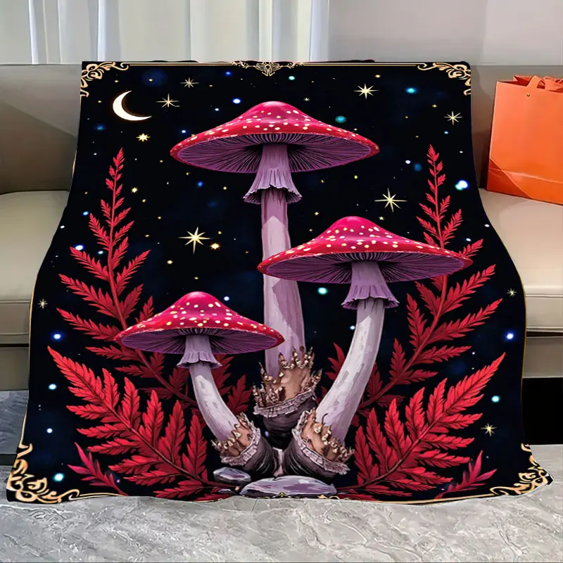 

1pc Flannel Blanket Mystic Mushroom Blanket with Starry Night Sky and Red Ferns Design