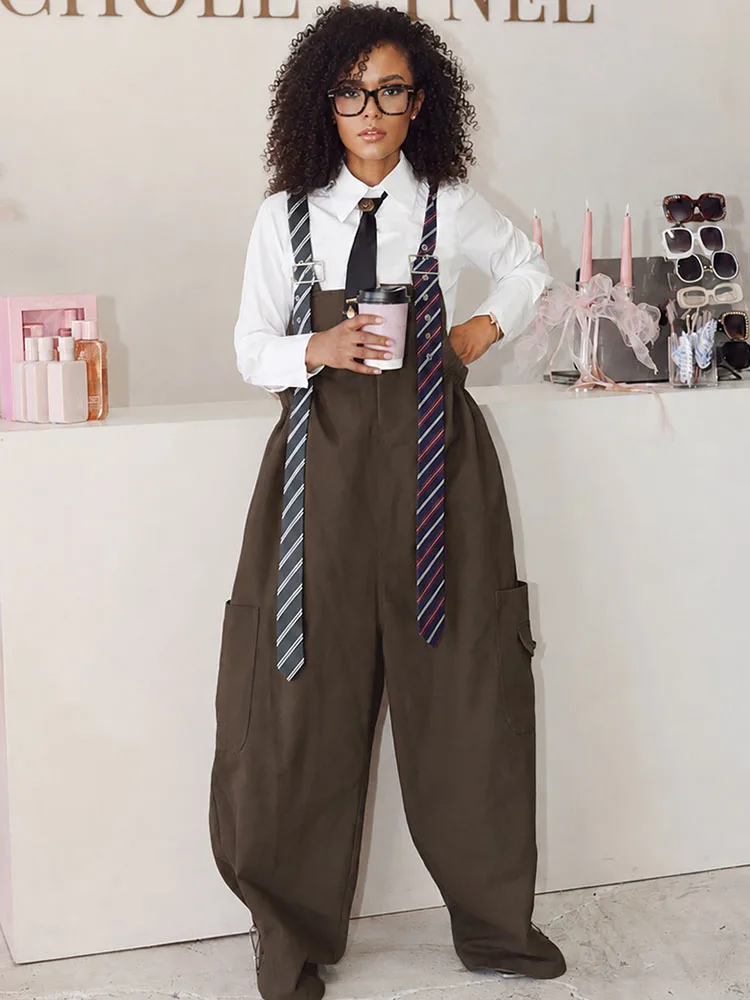 Doyerl Streetwear Cargo Pants Overalls for Woman Jumpsuits and Rompers Striped Adjust Strap Pockets Loose One Piece Outfits
