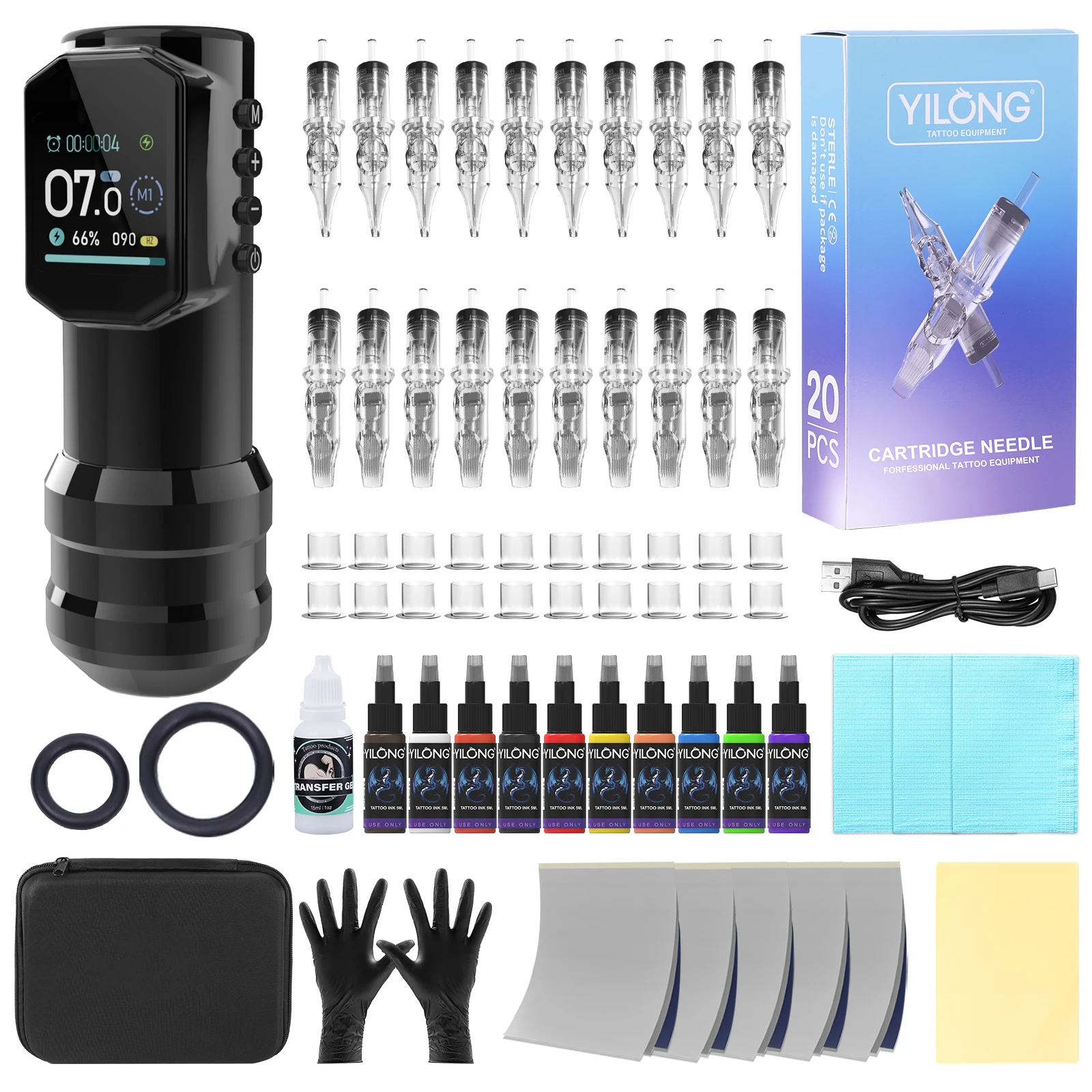 YILONG Wireless Rotary Tattoo Pen Kit 1500mAh Battery Power Supply Complete Set with Tattoo Needles for Body Art Supplies