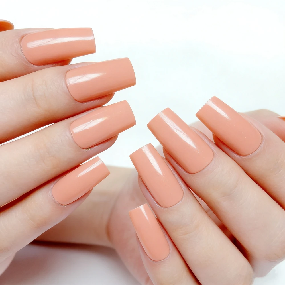

Creamy Peach Press on Nails Square Shape Glossy Reusable False Nails with Glue Kit Manicure Set for Women Daily Wear