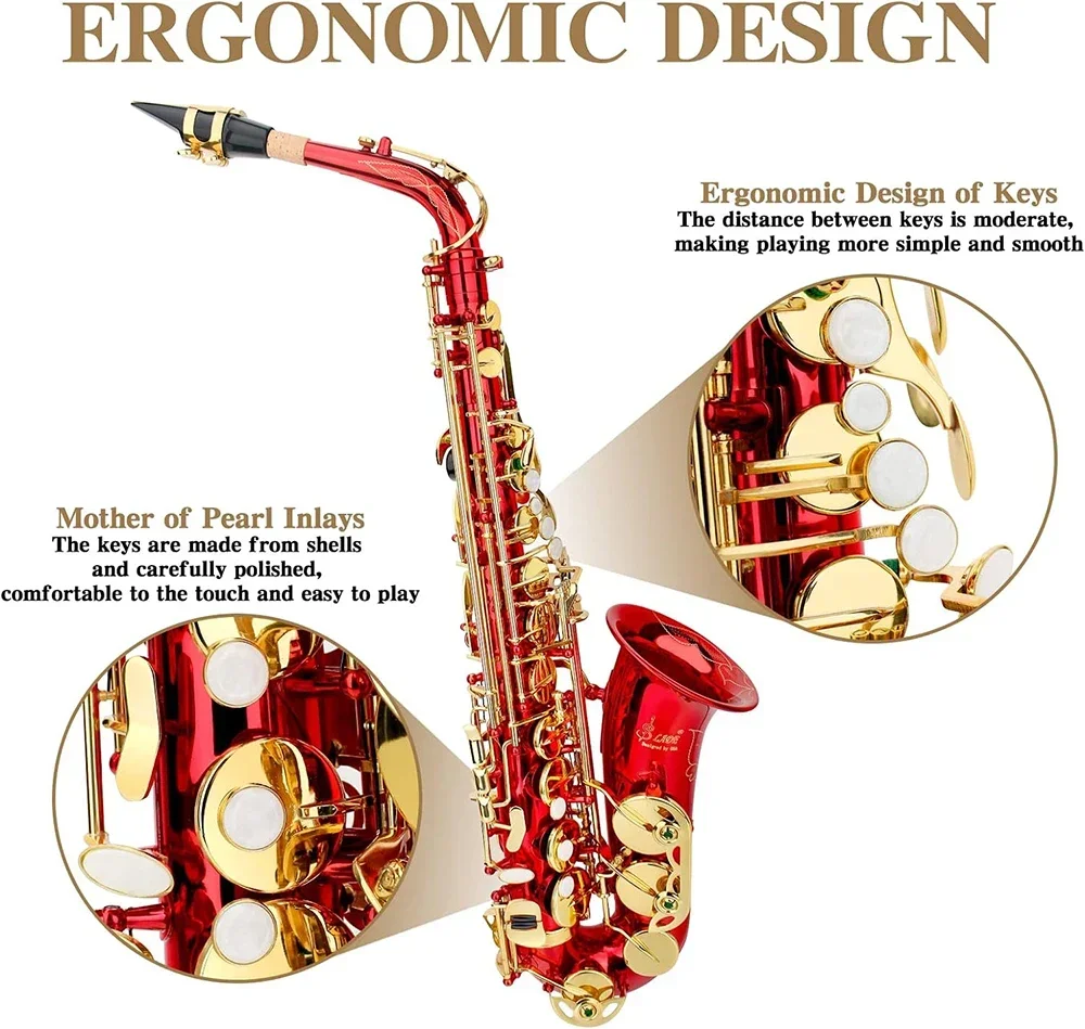 Red Eb Alto Saxophone for Beginners Adults Brass E Flat Key Type Saxophone Woodwind Instrument with Case Strap Glove Parts