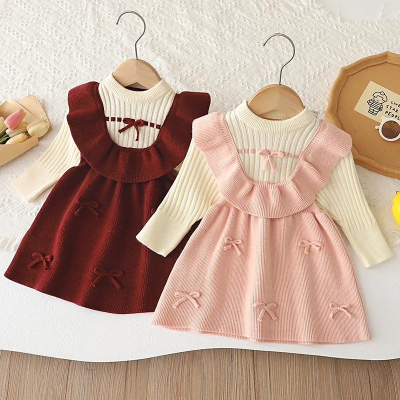 Charming False Two‑piece Knitted Dress for Little Girl Ruffle Kids Warm Autumn Winter Princess Party Dresses with Bowtie JY09071