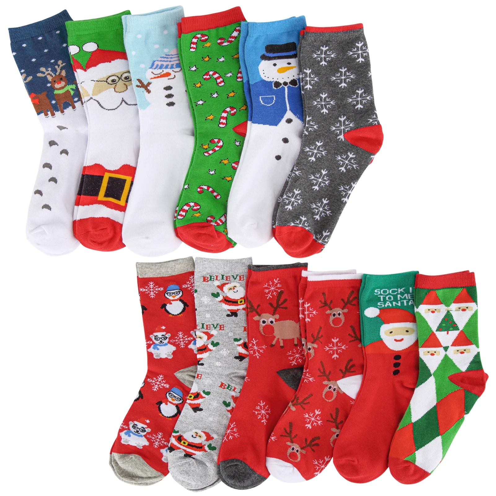 12 Pair Women's Christmas Socks, Cotton Knit Crew Xmas Socks for Girls, Winter Cozy Funny Women Christmas Socks, Cute Novelty