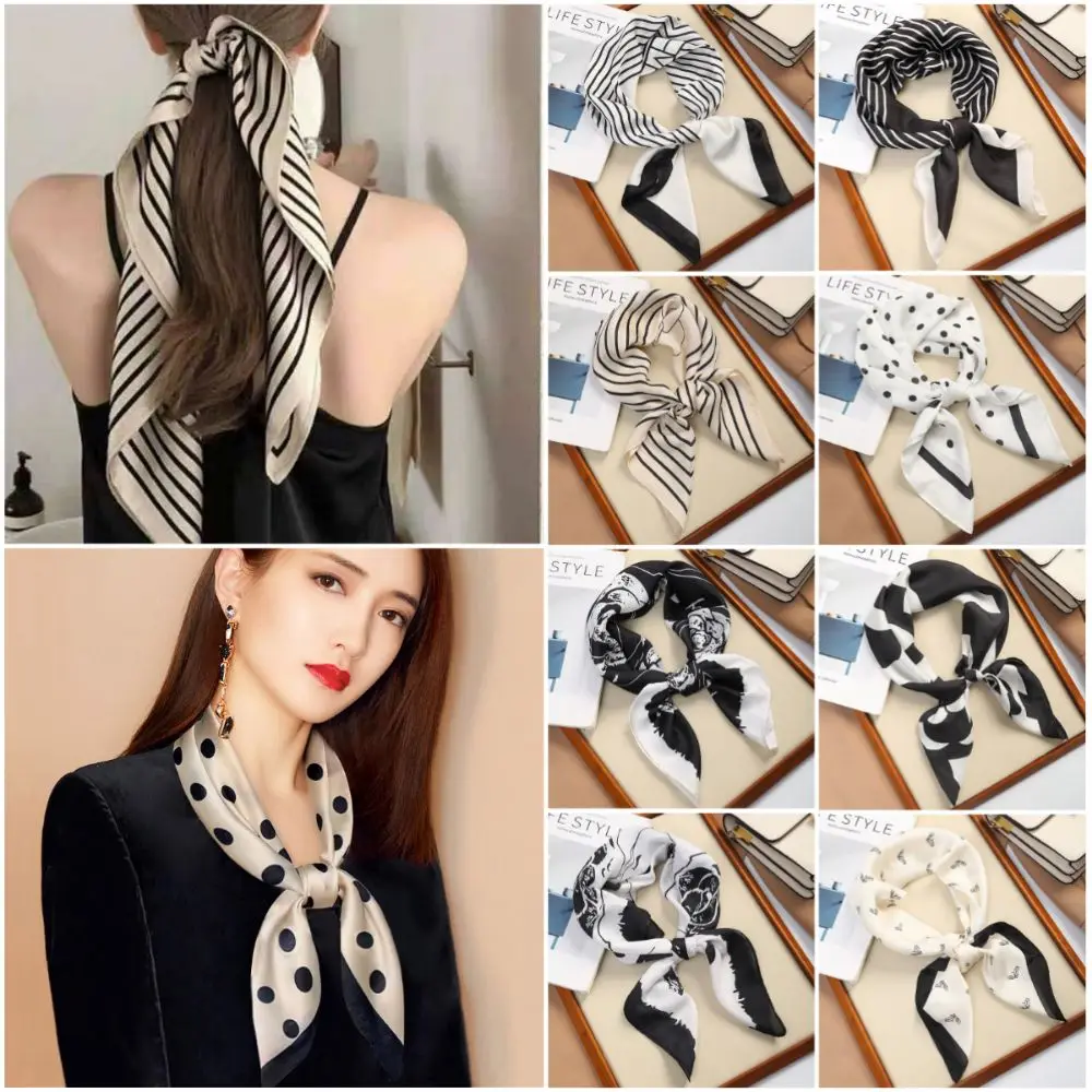 

Fashion Square Silk Scarf 70*70cm Double Sides Head Handkerchief Stripes Dots Flower Black White Hair Scarf Female