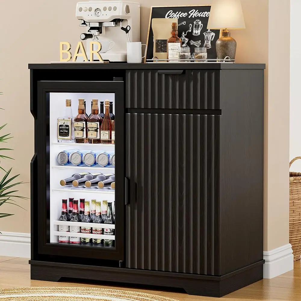 

Black 31.5 Ridge Cabinet with Luted Coffee Bar, Refrigerator, Pull-Out Drawer & Storage for Home, Kitchen, Dining Room