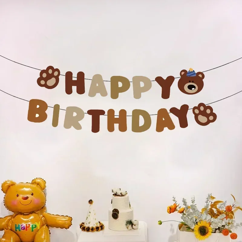 Bear Happy Birthday Banner Bear Letter Flag Car Bear Paw Garlands Happy Kids Birthday Party Decor Baby Shower