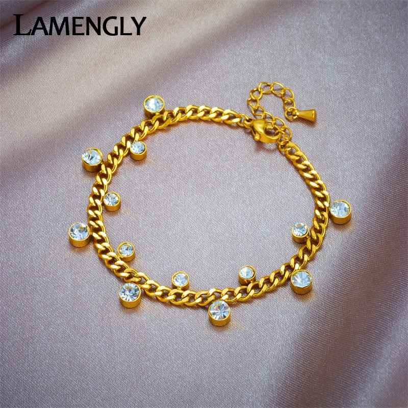 LAMENGLY 316L Stainless Steel Round White Zircon Charm Bracelet For Women Girl New Trend Bangles Waterproof Jewelry Gift Party