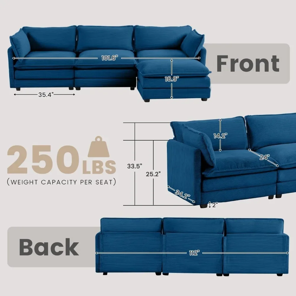 Oversized Modular Sectional Sofa with Movable Ottoman, 112 Inch 4 Seat Modern Corduroy Sofa Set, Convertible L Shaped Couch