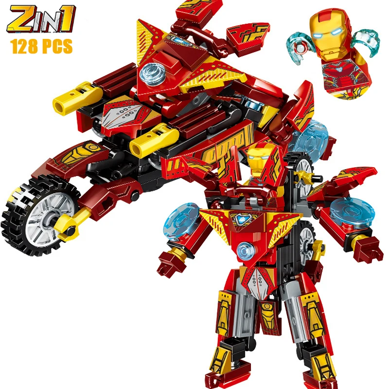 Disney Marvel Avengers Superhero Transforming Mecha Motorcycle 2 in 1 Building Blocks Sets Movie Model Bricks Kit Kids Toys Gift