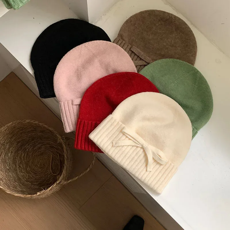 Bowknot Knitted Beanies Caps Gloves Set For Women Winter Warm Skullies Hats Lady Outdoor Ski Coldproof Ear Protection Hat Bonnet