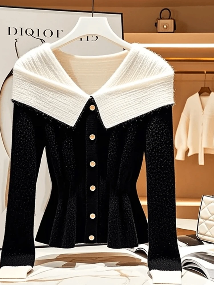 

Белый повседневный трикотаж, женский свободный длинный топ с отложным воротником све, весна-осень, новый Sle, удобный дизайн Sense