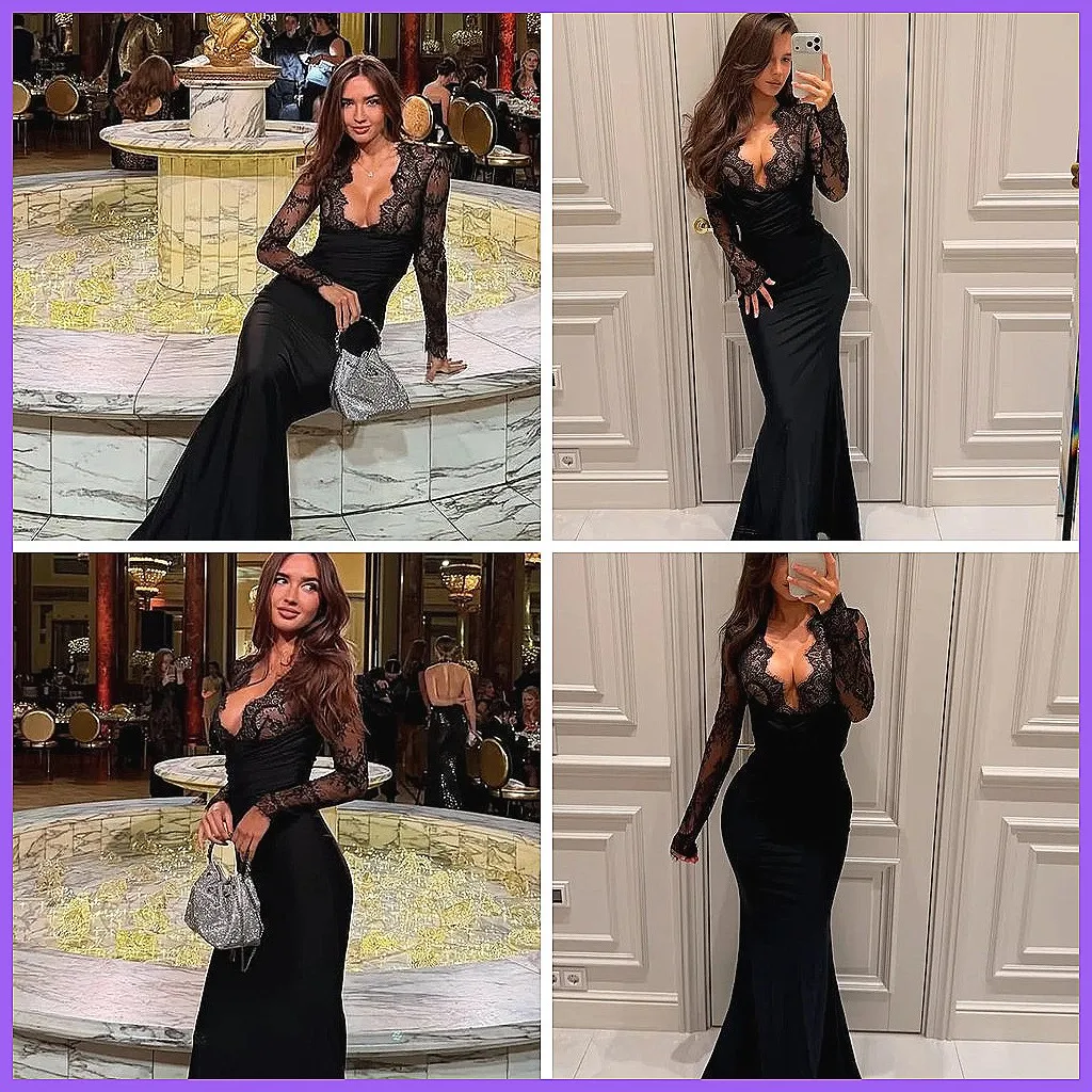 

Sexy Lace Maxi Dress for Women, Deep V-Neck Long Sleeve High Waist Slim Fit Beach Dress (Characters: 74)