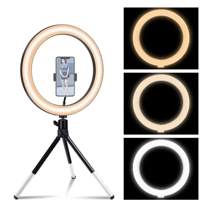 Anillo de luz LED para selfies de 6/10/12 pulgadas, lámpara de relleno regulable para fotografía con mini trípode para teléfono, video en vivo, estudio fotográfico, Ringlight