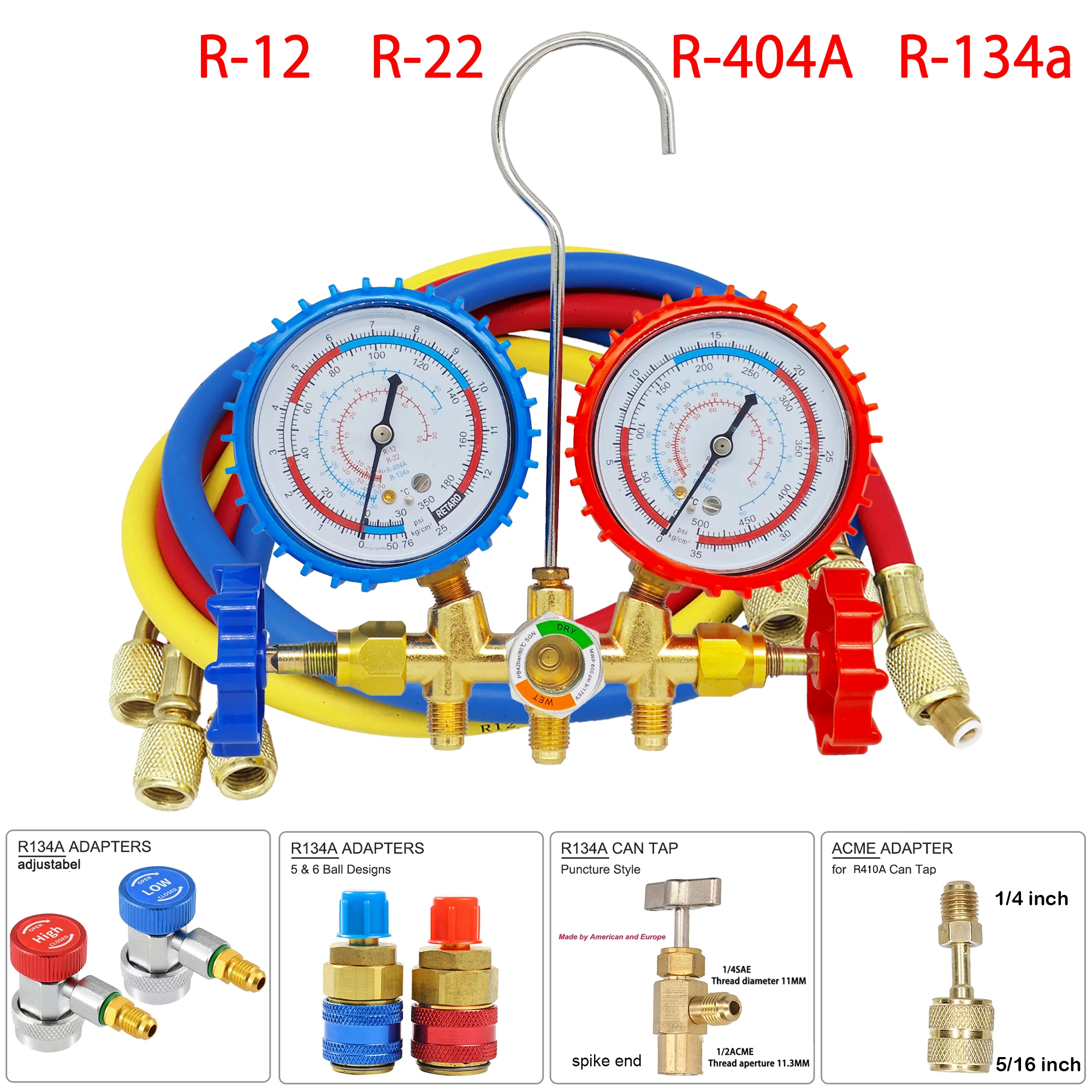 R-12 R-22 R-404A R-134a Manifold Gauge Set HVAC A/C Refrigeration Charging Service with Hoses Adjustable Couplers Adapter Can Ta