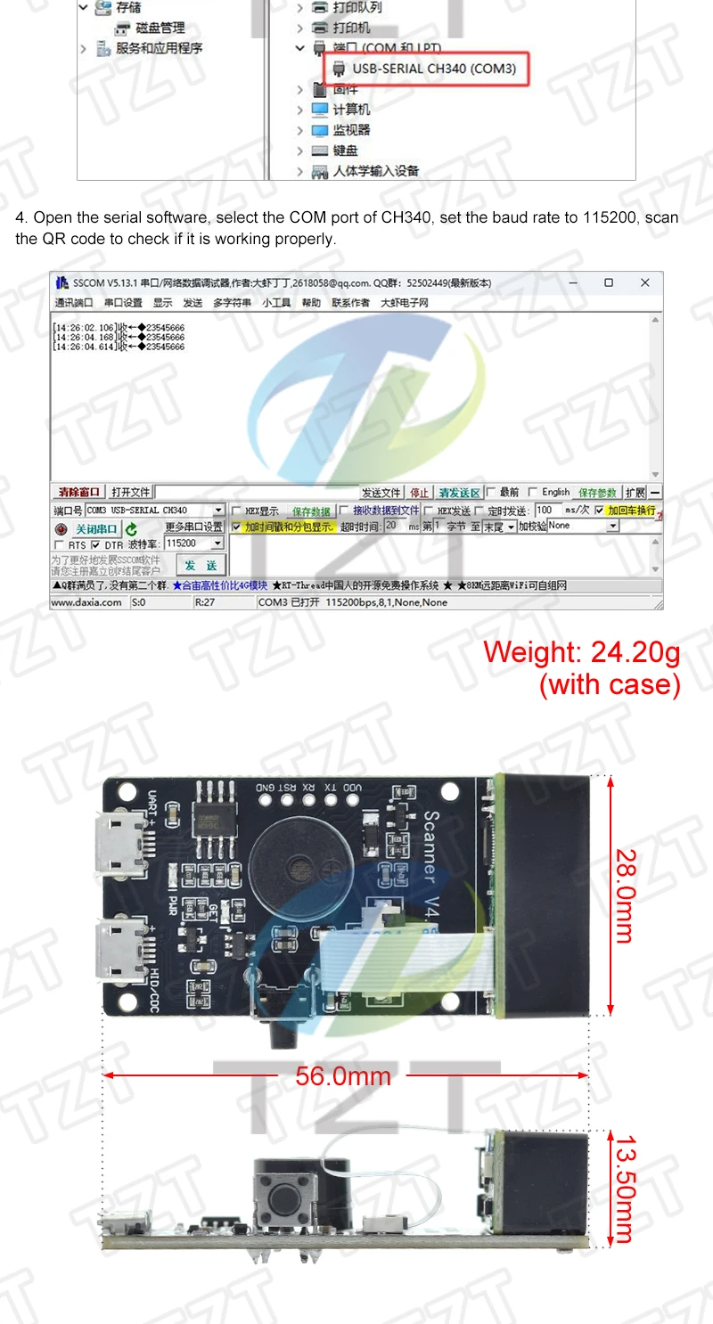 TZT QR/1D/2D/Code-Scanner V4.0 Barcode-Erkennungsmodul mit Serieller Kommunikation UART-Schnittstelle USB-Tastatureingabe – Detail 5