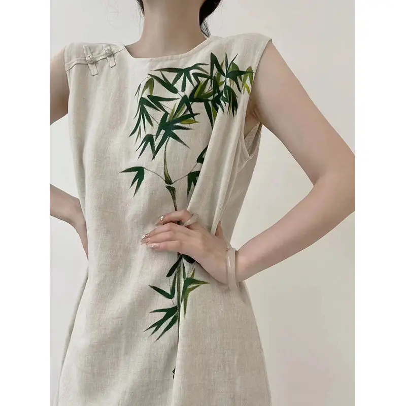 

Bamboo Print Qipao Dress 2025 Summer Women Sleeveless Side Slit Modern Cheongsam Oriental Minimalist Aesthetic Dinner Party Gown