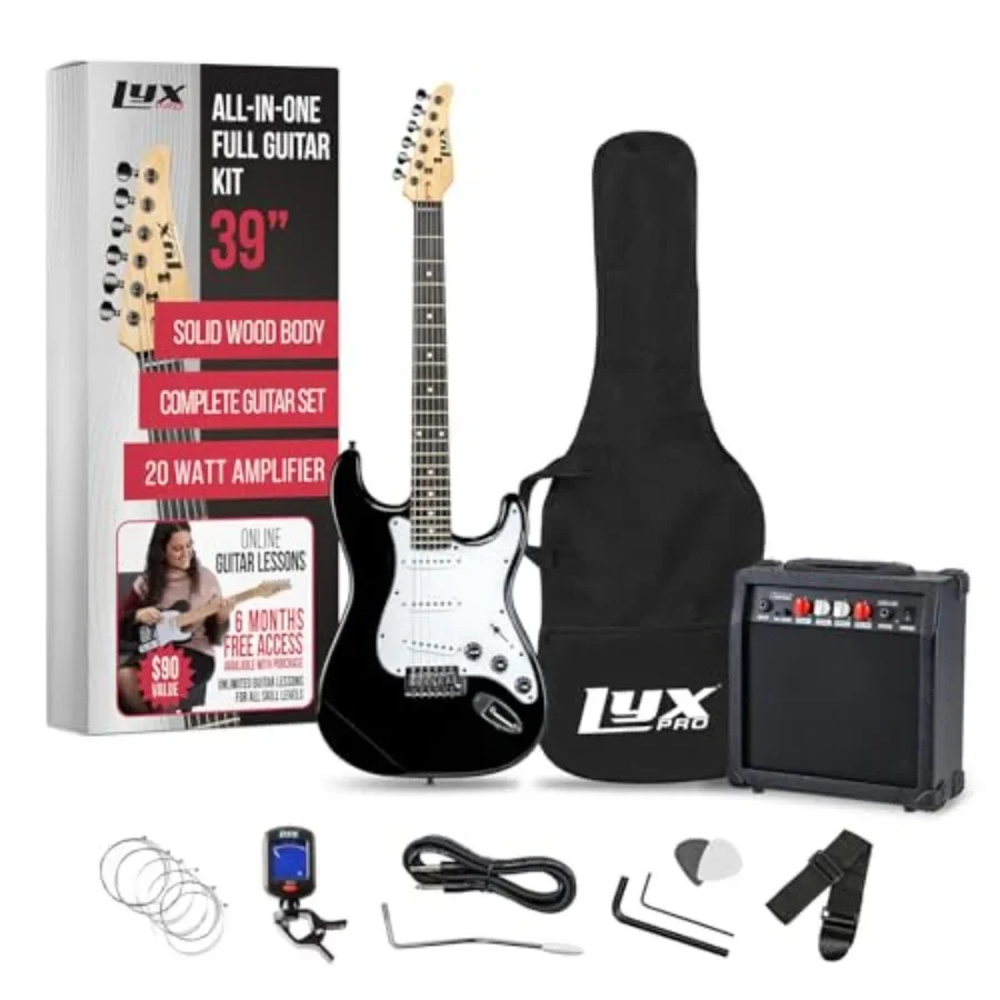 

Electric Guitar 39 inch Beginner Starter Kit for Home Practice, Solid Wood Body, Black Finish, Includes 20W Amp, Tuner, Strings