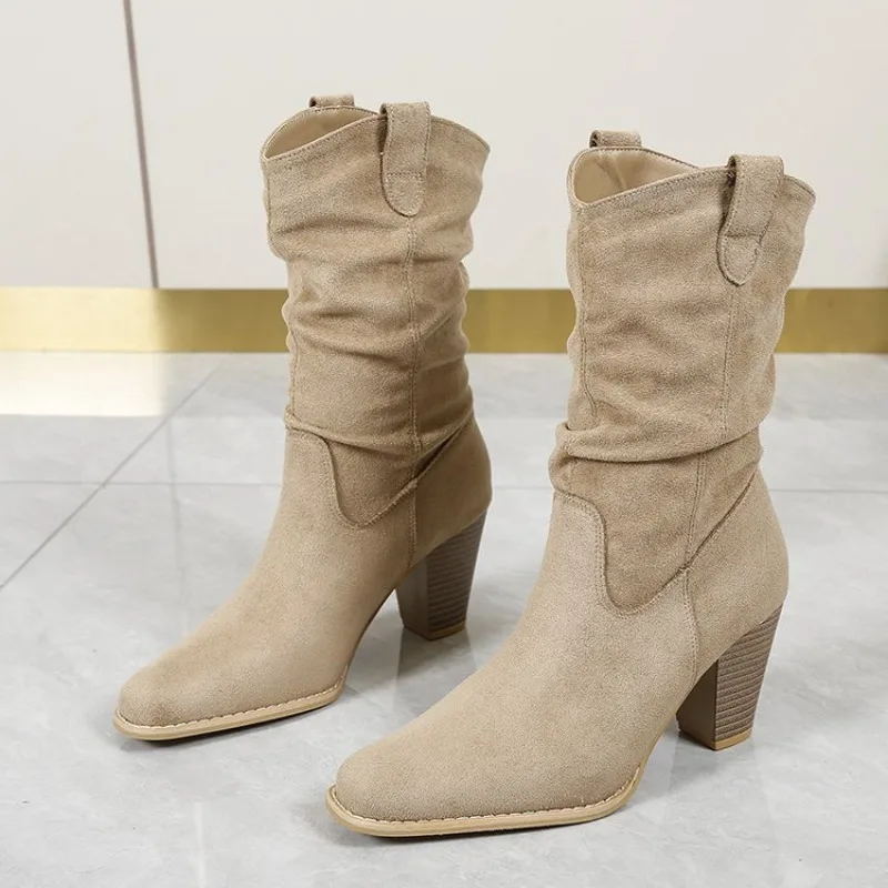2026 Autumn/Winter New Style Vintage Slim-Fitting Thick-Topped Mid-Calf Boots for Women, Ruffled Layered Boots, Short Boots