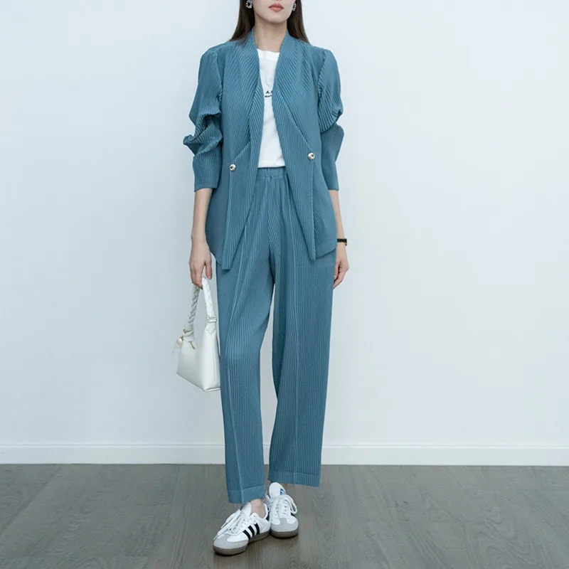 

Miyake 2025 Fall New Pleated Women's Tops Jackets Coat with Cardigan Loose Thin Stretch Pants Casual Suit Set Daily Office Wear