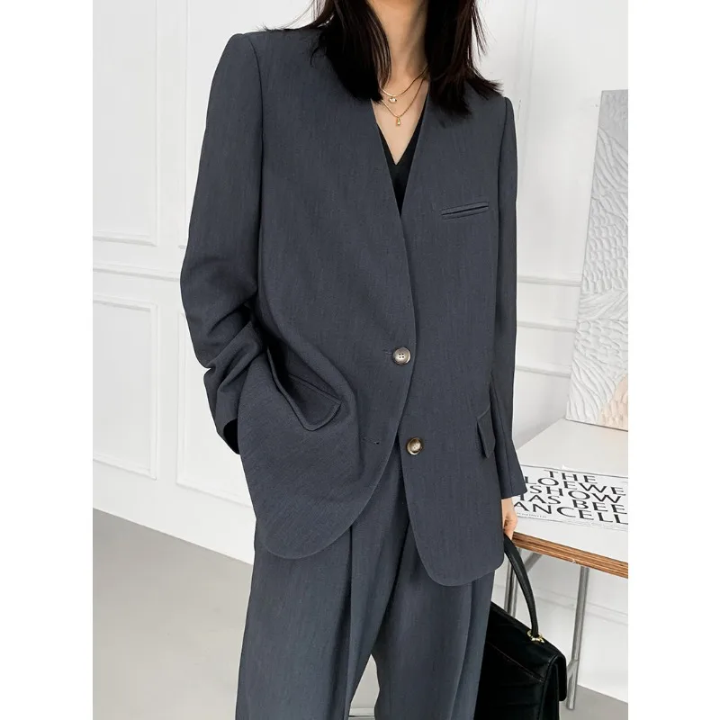 Autumn and Winter Women\'s Pant Suits Fashion Simple Commuter V-neck Single-breasted Loose Blazer Jacket Harlan Trousers Set