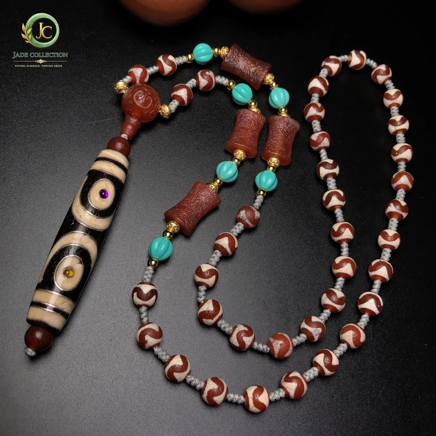 Tibetan Agate Inlaid Silver Wire Tourmaline 7 Eyes Dzi Bead Amulet Pendant Z1971