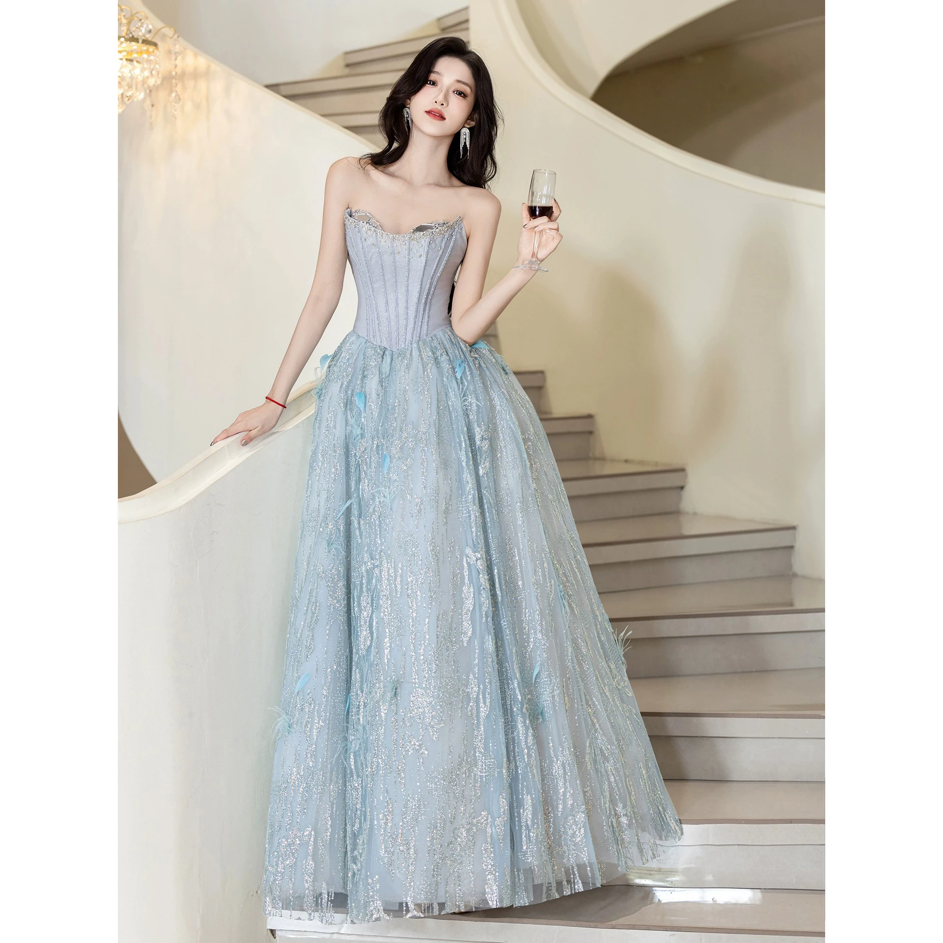 

Sparkling Light Blue Evening Dress Shining Beading Sequins Prom Dress Sweetheart Floor Length Layers Tulle Shining Part