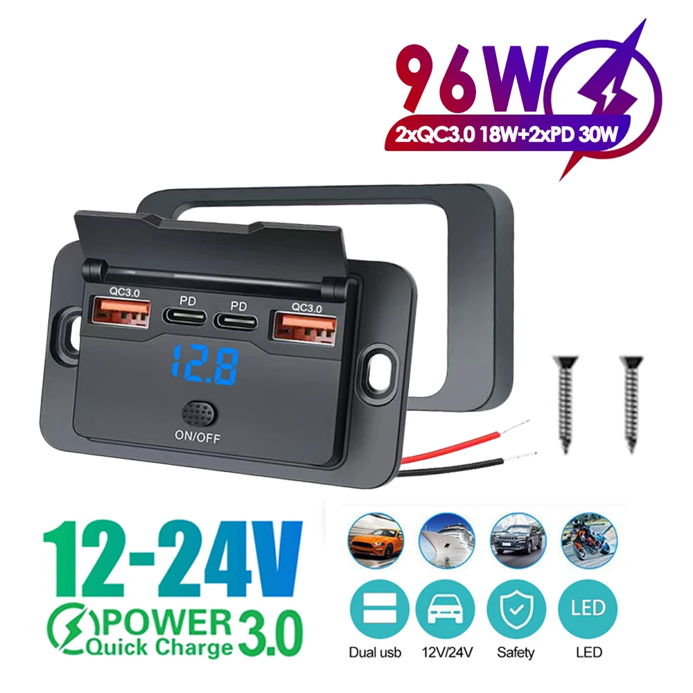 3/4 Ports RV Typ C USB-Steckdose mit Netzschalter QC3.0 PD USB2.1A Typ C Schnellladebuchse Wasserdichtes 12V 24V Autoladegerät