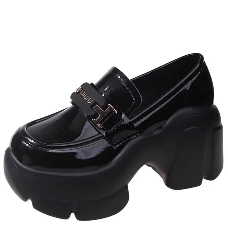 

Women Platform Leather Sneakers 2024 Spring Autumn British Style Chunky Shoes Woman 8CM High Heels Ulzzang