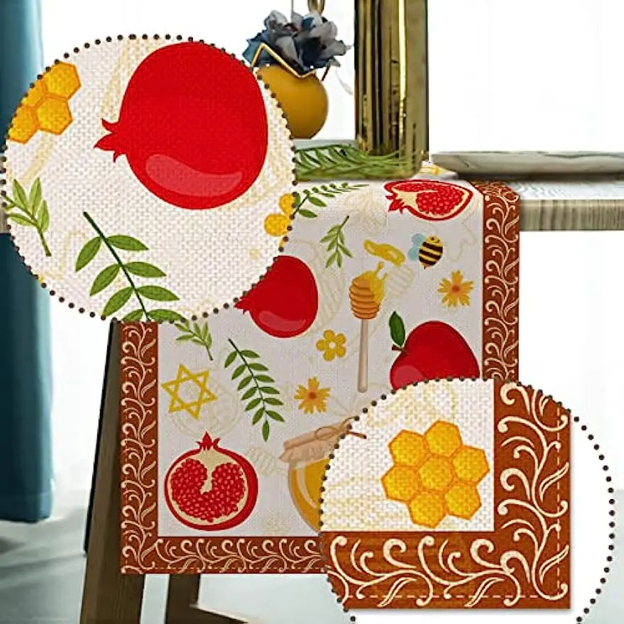 Shana Tova Jüdischer Feiertags-Tischläufer aus Leinen, Tischdekoration, wiederverwendbar, für Rosh Hashanah, Küche, Esstisch, Feiertagsparty-Dekoration – Detail 3