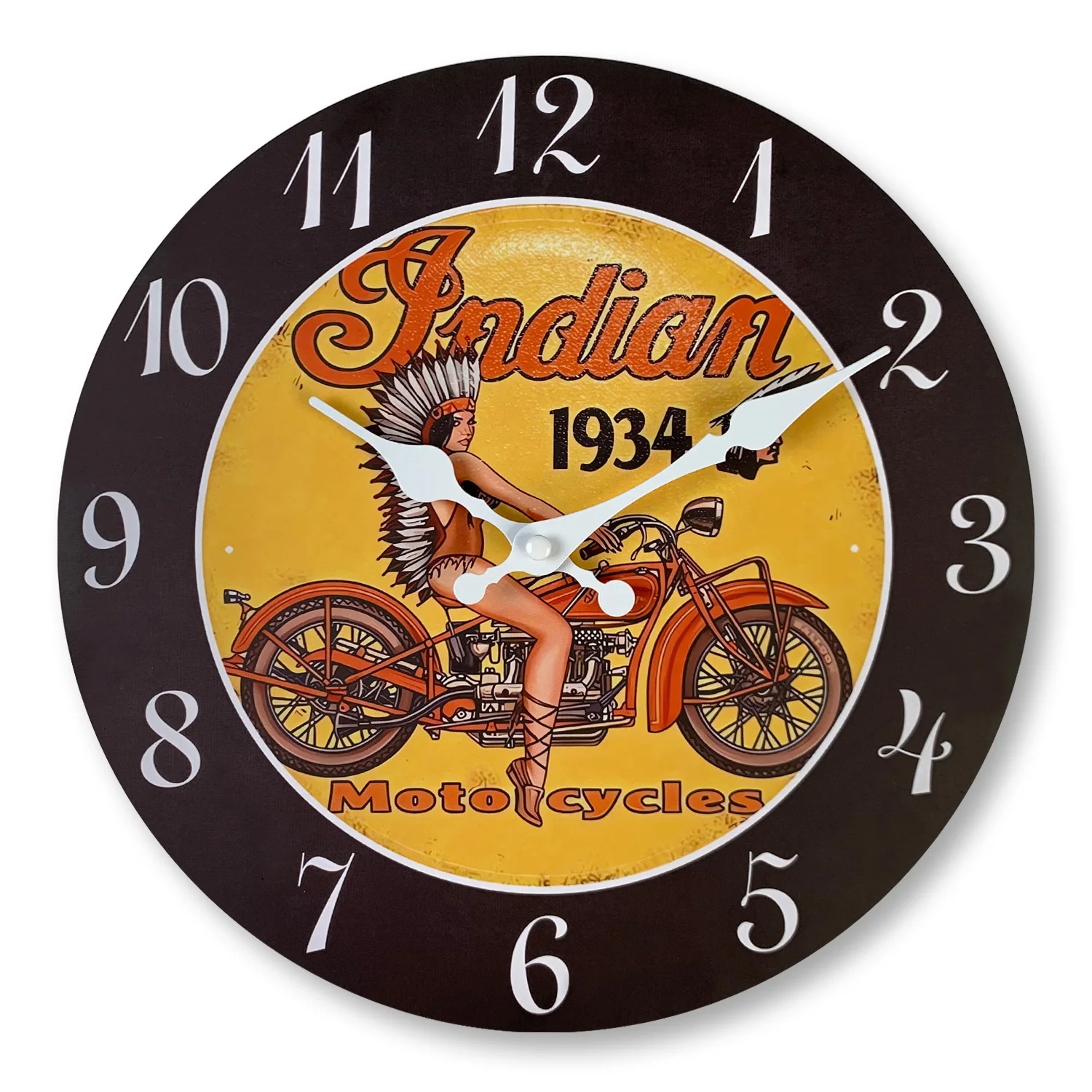 1 Stück Vintage Holz-Wanduhr, Wanduhr mit Indianer-Motorrad- und Indianer-Mädchen-Design, geräuschlose Uhr, Garagen-Wanddekoration Geschenk
