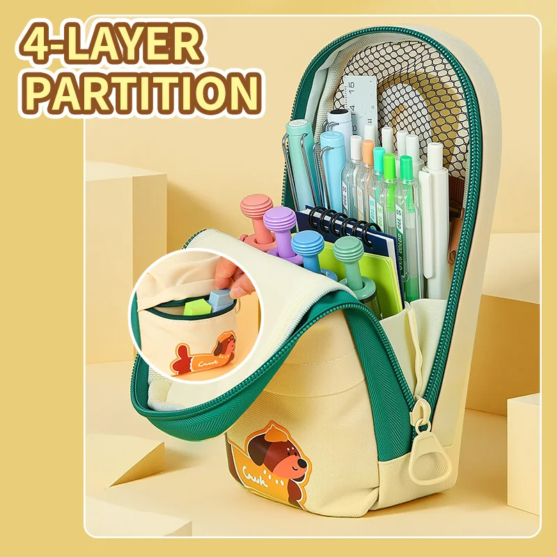 HUAJIE Student Backpack Pencil Case, Vertical Side Pocket, Multi-Layer, Large Capacity, Cute Cartoon Zipper Pencil Pouch