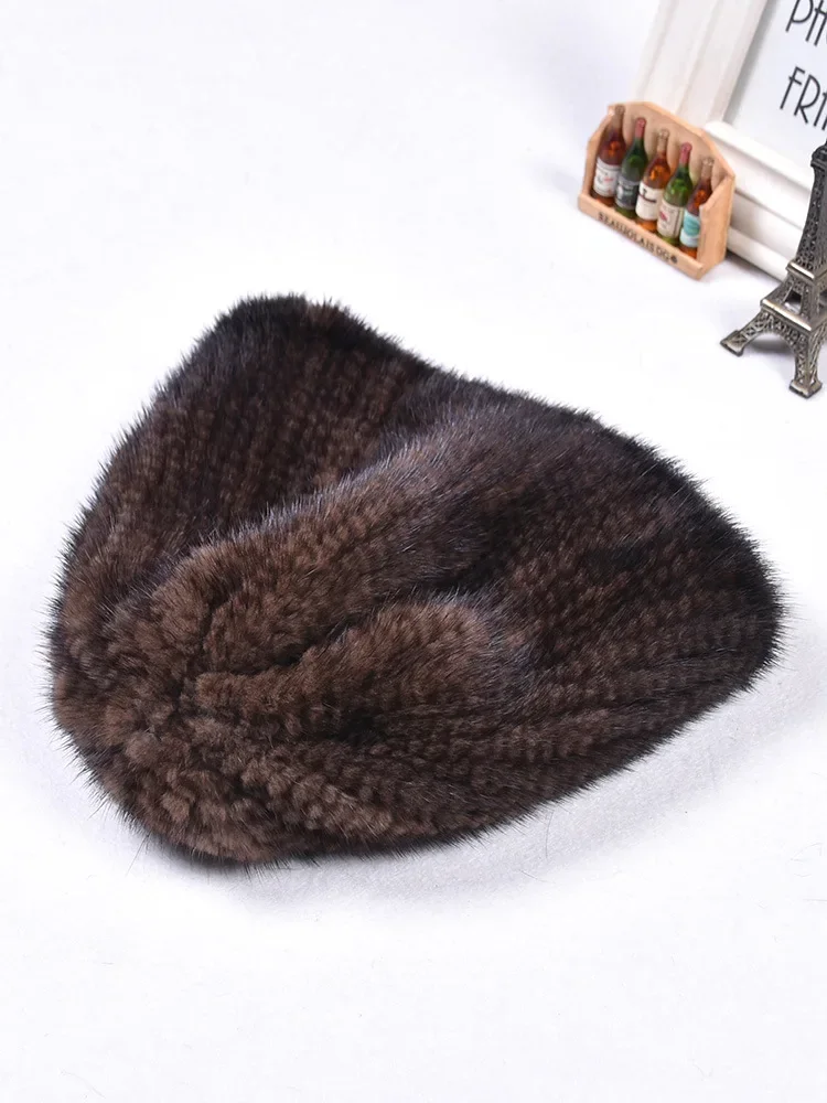 Women's Real Mink Fur Hat Winter Warm Beanie Cap Double Side Fur Headwear High Elastic Black Brown Wine Red